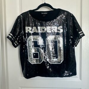 Black and Silver Raiders Sequined Cropped Short Sleeve Tee
